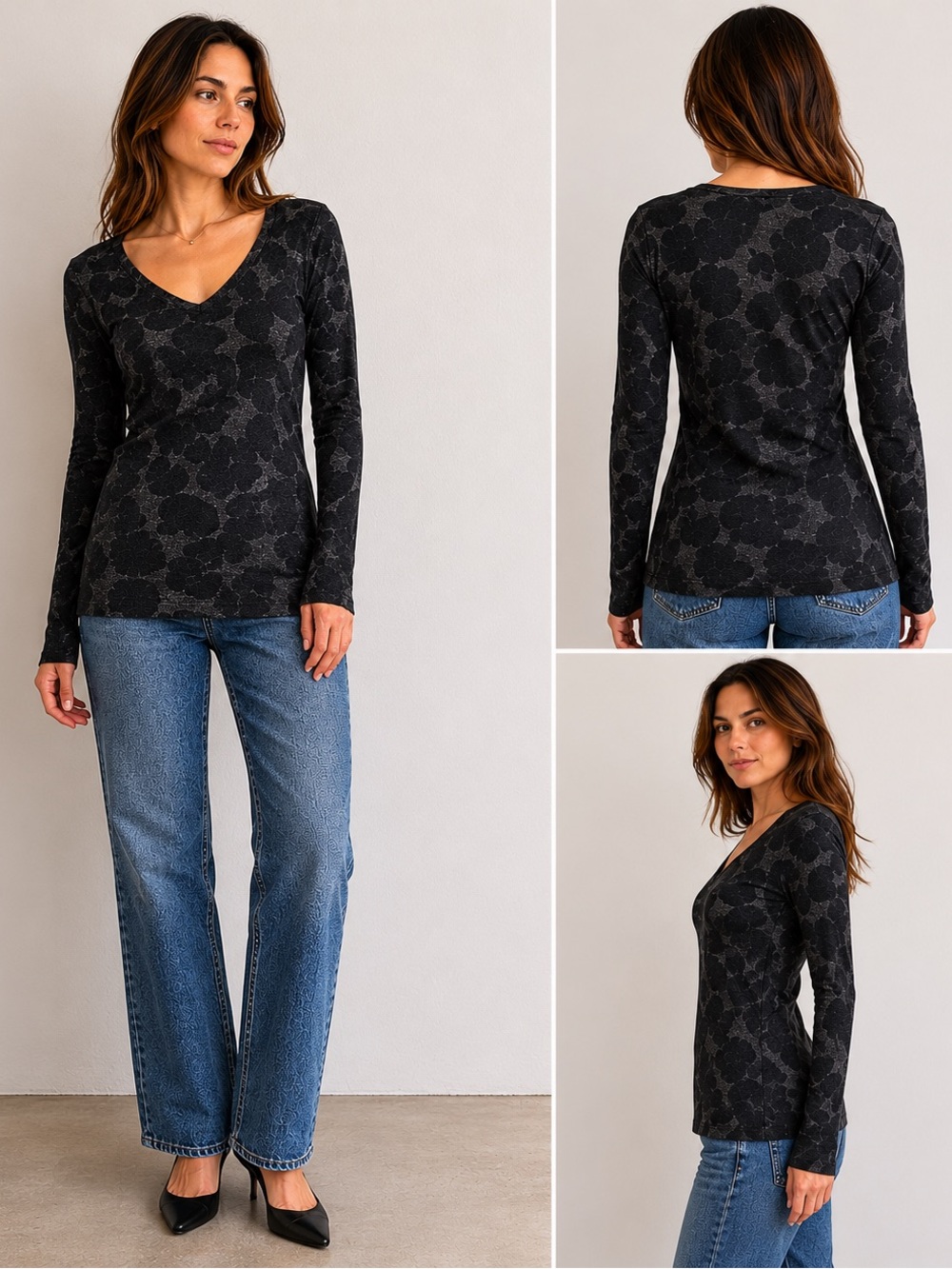 Vintage Three Dots USA Charcoal Floral V-Neck Stretch Top. Medium